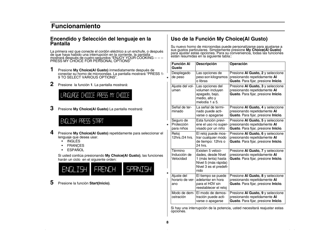 Amana AMC5143BCS Funcionamiento, Encendido y Selección del lenguaje en la Pantalla, Uso de la Función My ChoiceAl Gusto 