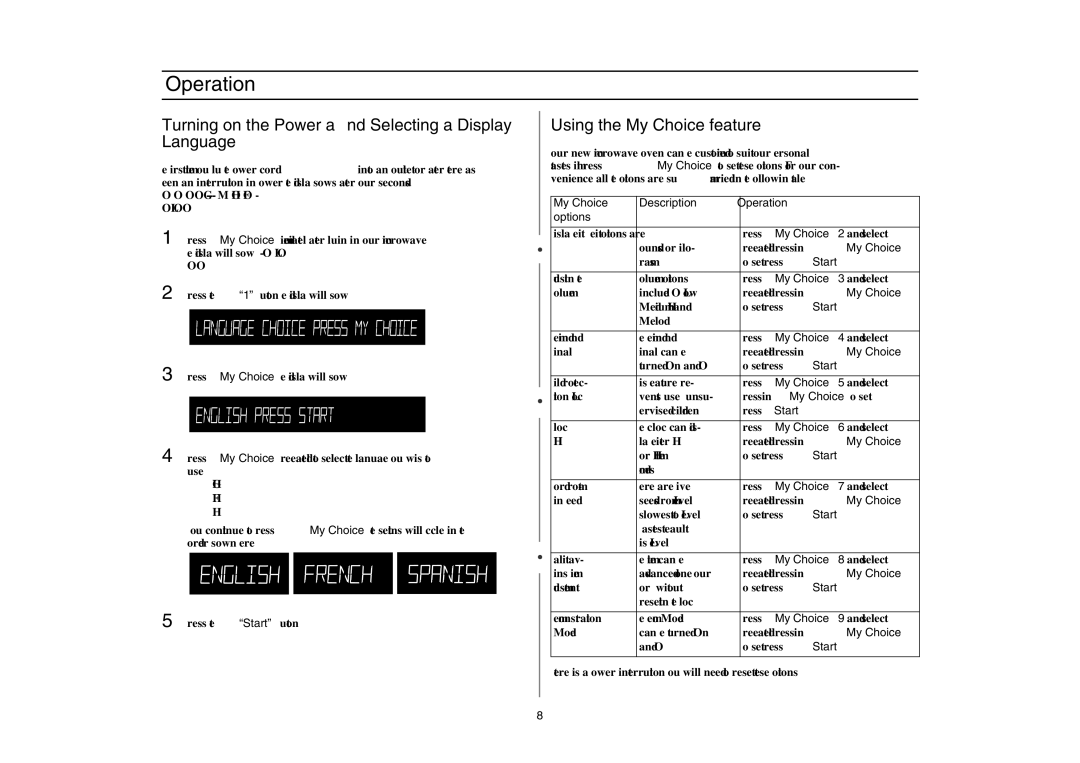 Amana AMC5143BCS owner manual Operation, Turning on the Power and Selecting a Display Language, Using the My Choice feature 