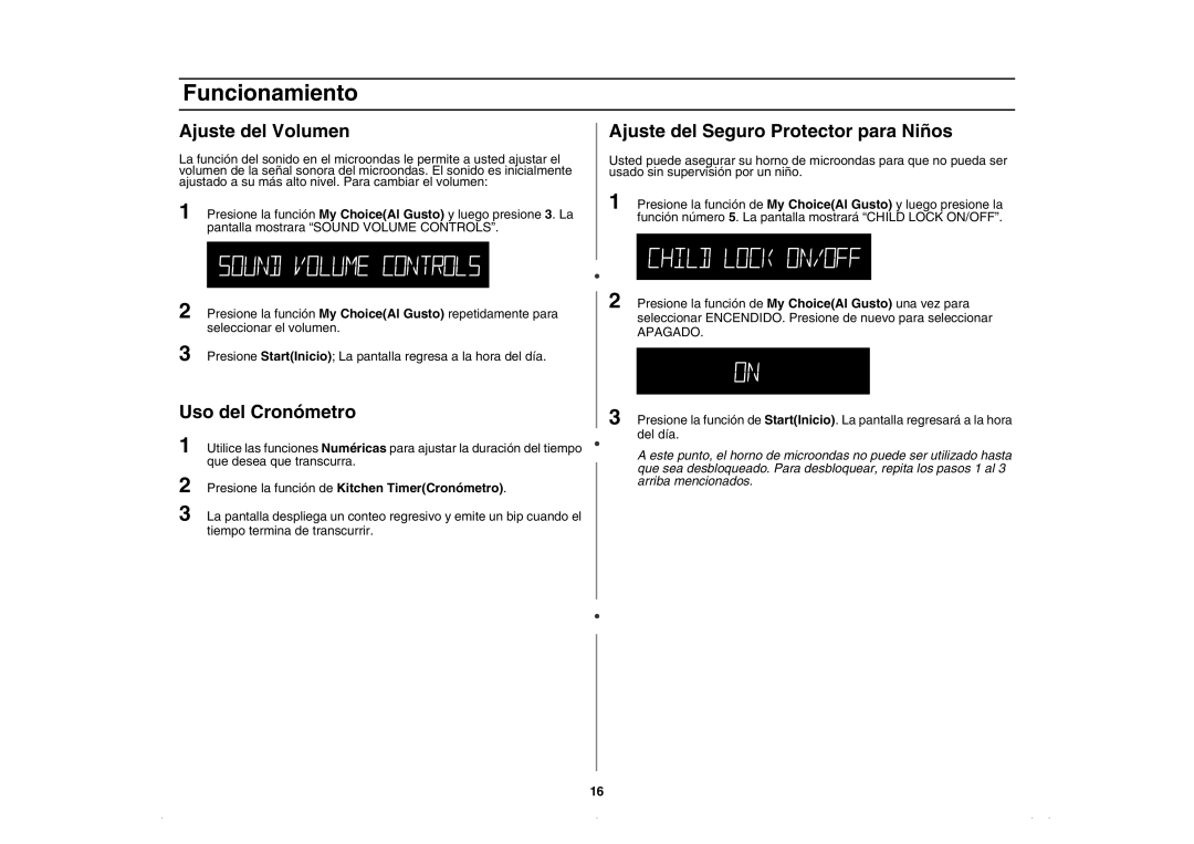 Amana AMC5143BCS, AMC5143BCB/W/Q owner manual Ajuste del Volumen, Ajuste del Seguro Protector para Niños, Uso del Cronómetro 