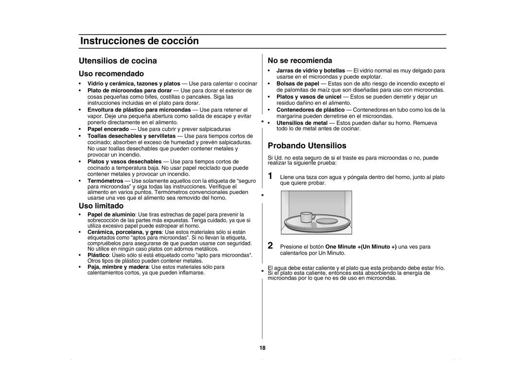 Amana AMC5143BCS, AMC5143BCB/W/Q owner manual Instrucciones de cocción, Utensilios de cocina, Probando Utensilios 