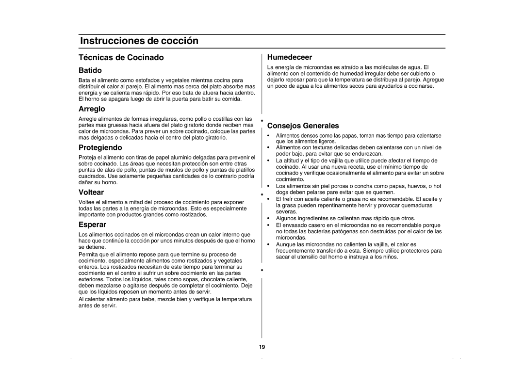 Amana AMC5143BCB/W/Q, AMC5143BCS owner manual Técnicas de Cocinado 