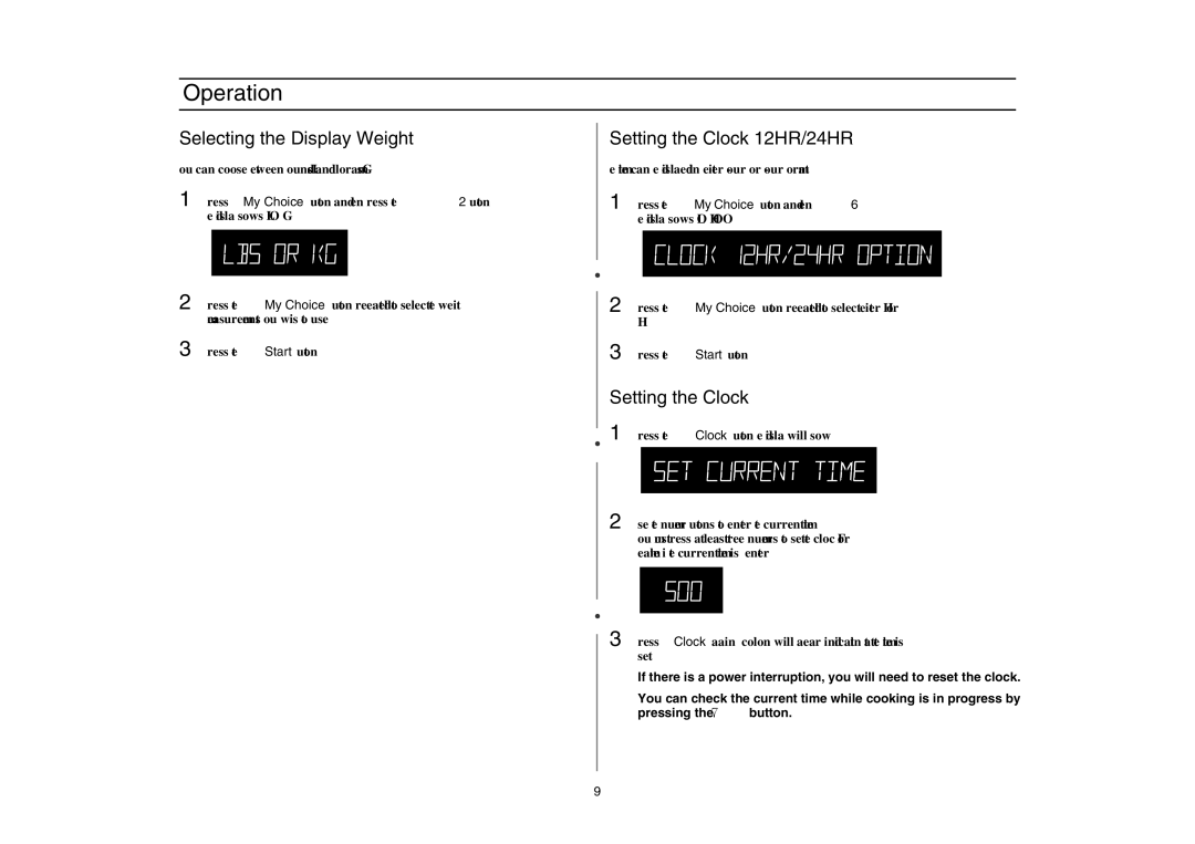 Amana AMC5143BCB/W/Q, AMC5143BCS owner manual Selecting the Display Weight, Setting the Clock 12HR/24HR 