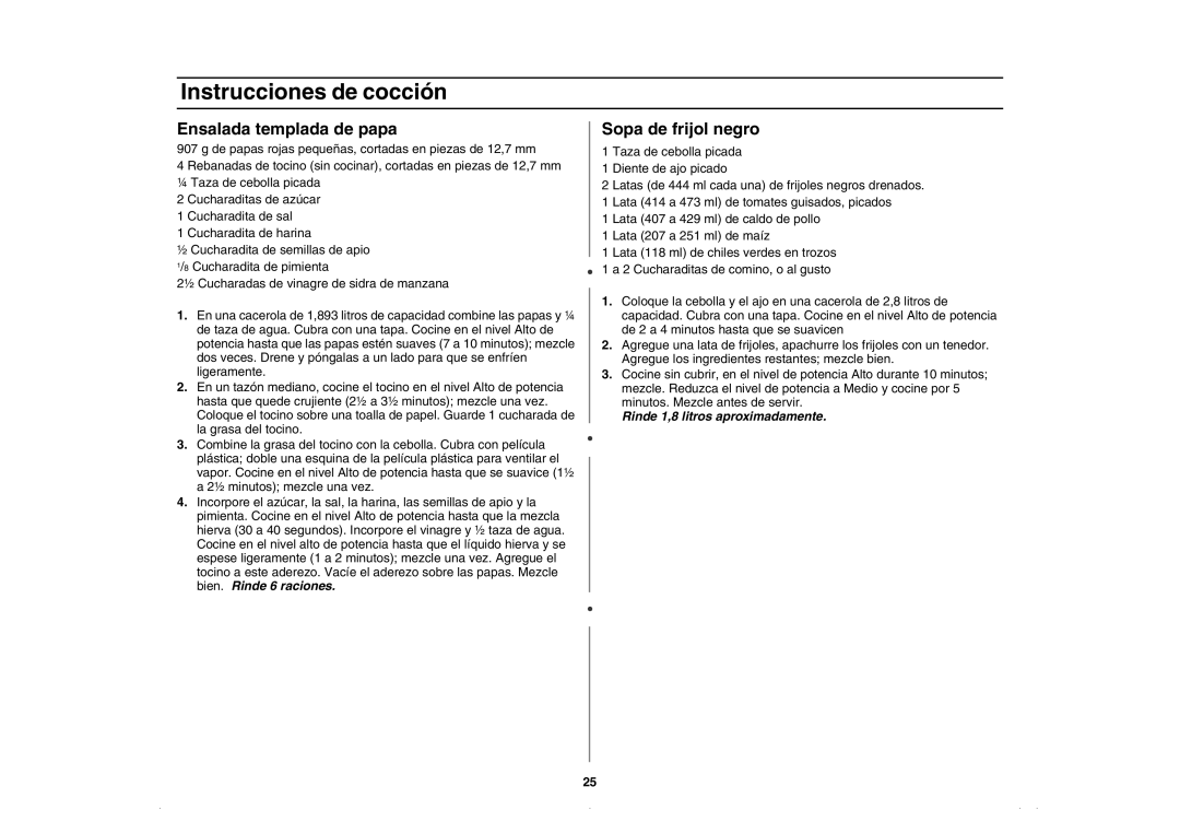 Amana AMC5143BCB/W/Q, AMC5143BCS owner manual Ensalada templada de papa, Sopa de frijol negro 