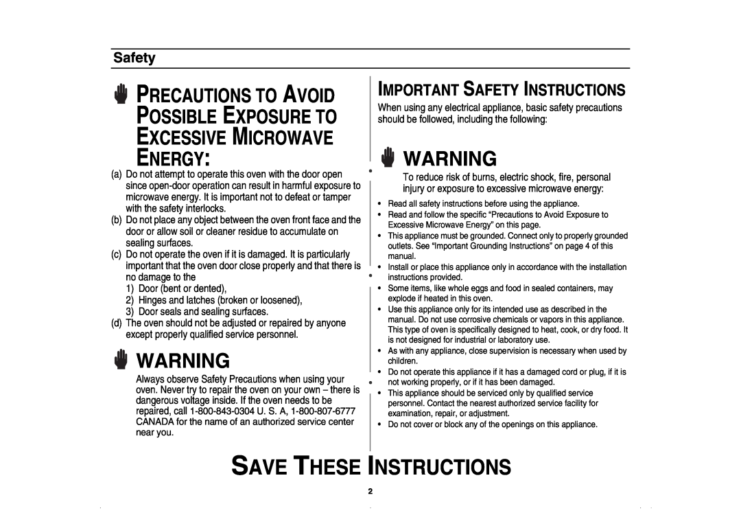 Amana AMC5143BCS Save These Instructions, Precautions To Avoid Possible Exposure To, Excessive Microwave Energy, Safety 
