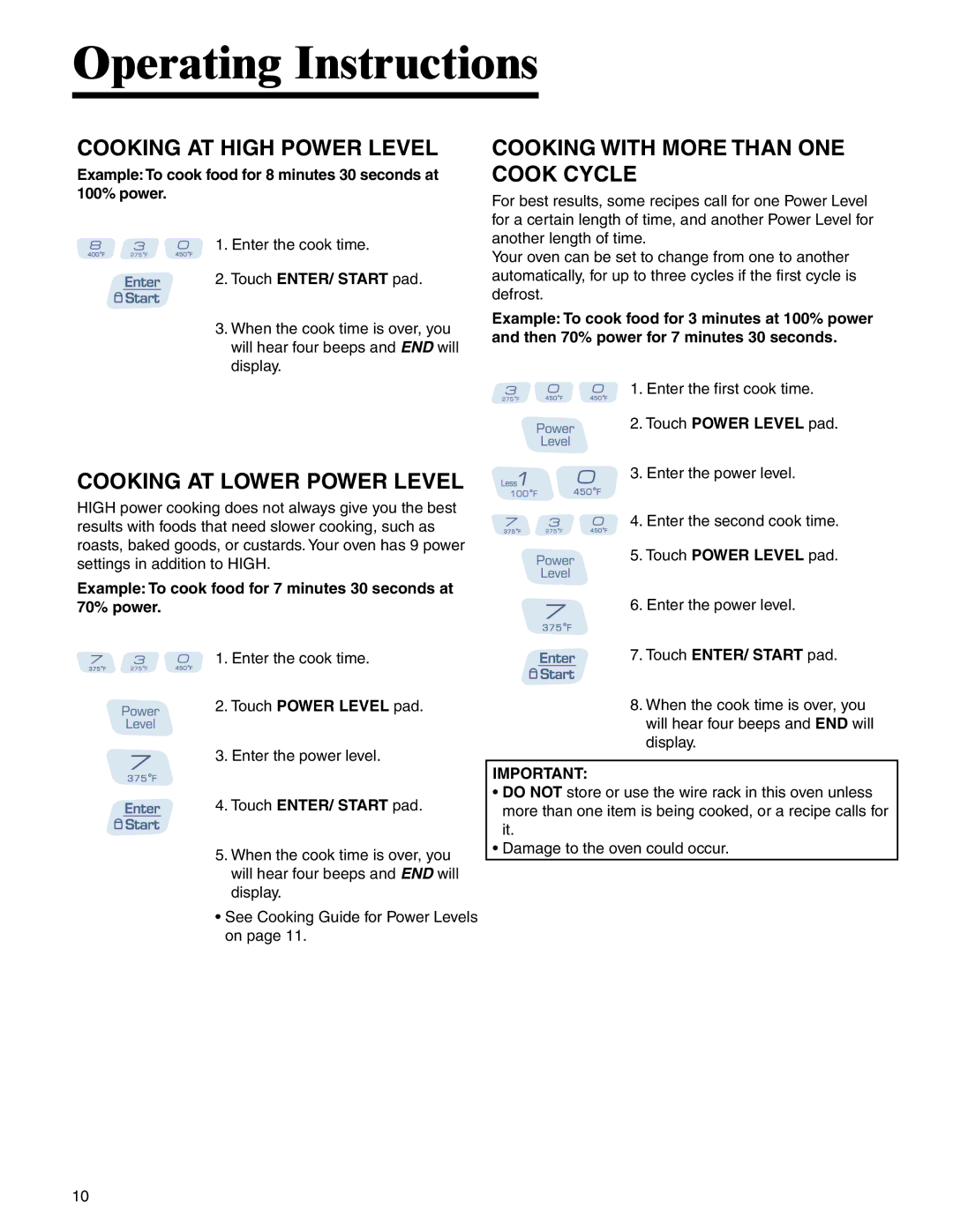 Amana AMC6158BAB Cooking AT High Power Level, Cooking AT Lower Power Level, Cooking with More than ONE Cook Cycle 