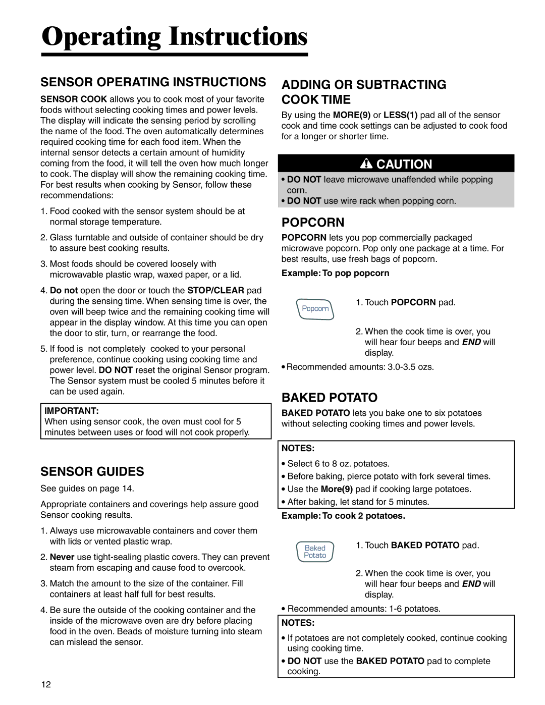 Amana AMC6158BAB Sensor Operating Instructions, Sensor Guides, Adding or Subtracting Cook Time, Popcorn, Baked Potato 