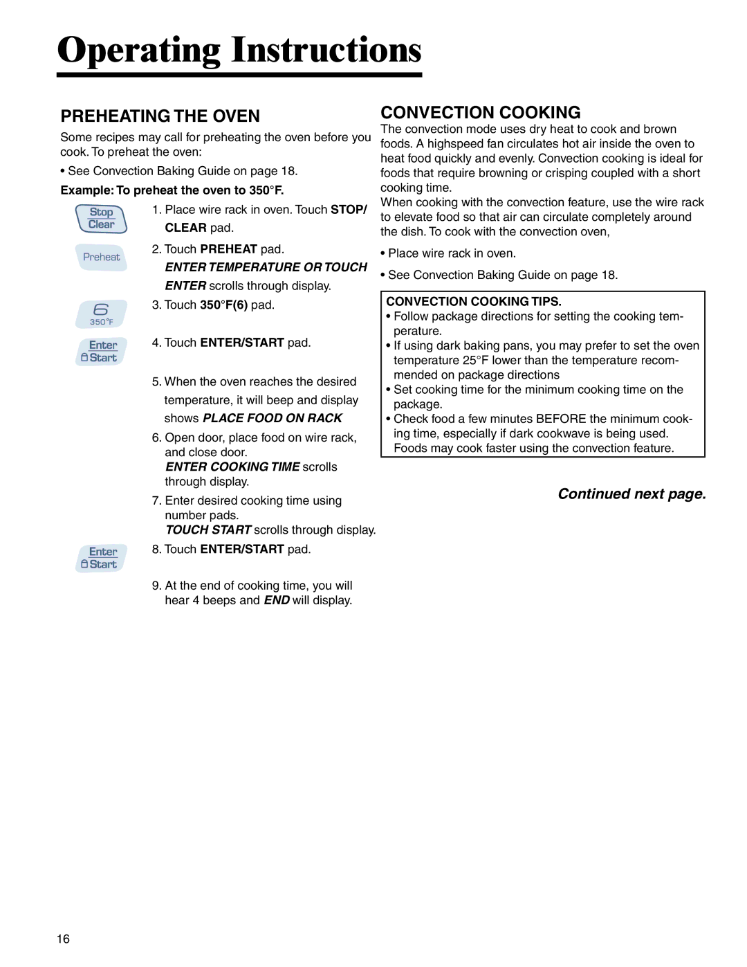 Amana AMC6158BAB, AMC6158BCB Preheating the Oven, Convection Cooking, Example To preheat the oven to 350F, Clear pad 