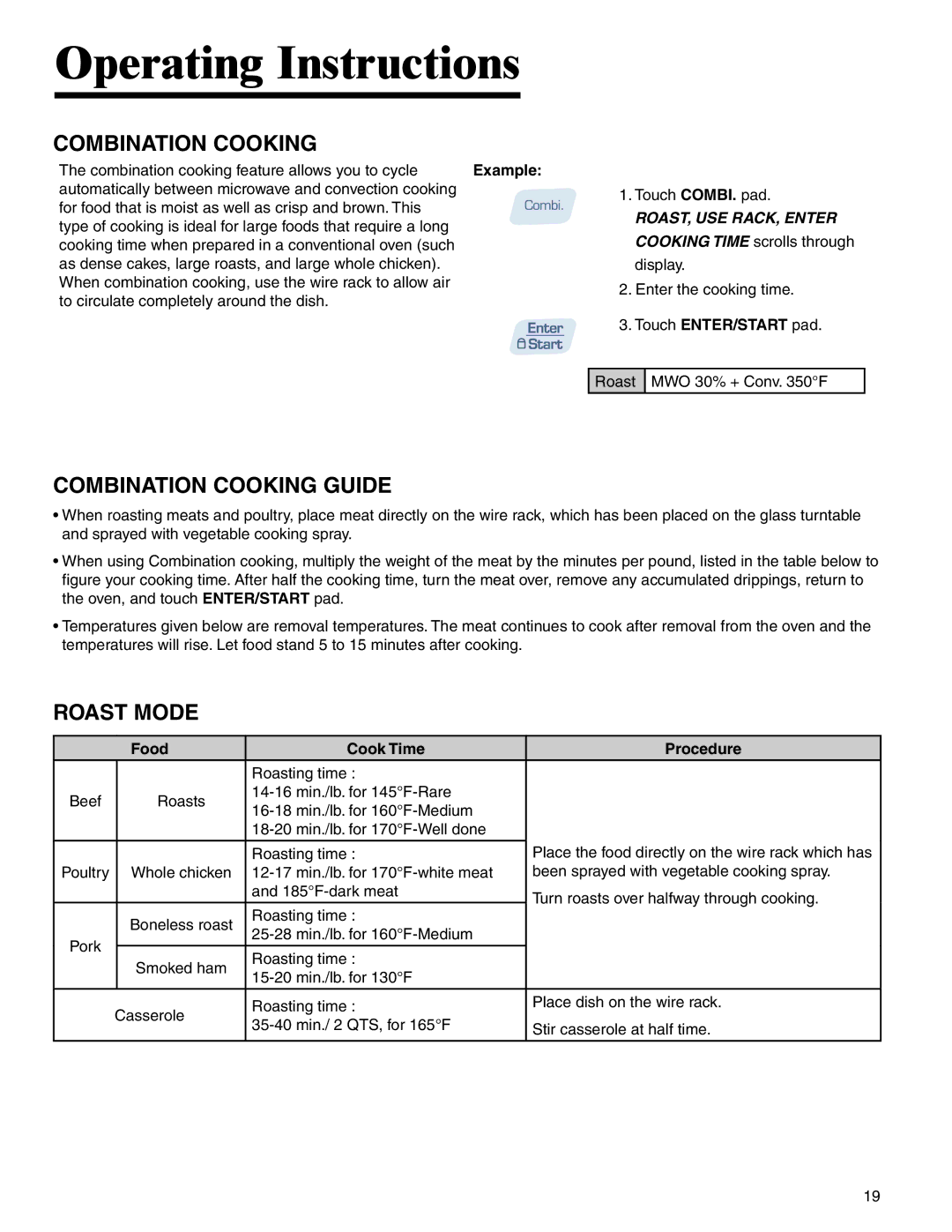 Amana AMC6158BCB, AMC6158BAB Combination Cooking Guide, Roast Mode, Example, Touch ENTER/START pad 