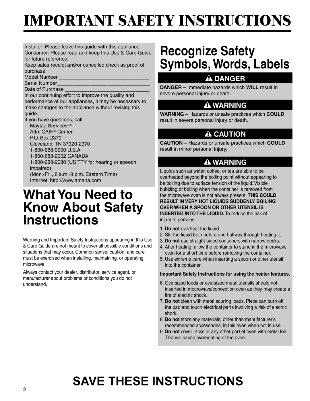 Amana AMC6158BAB, AMC6158BCB important safety instructions Important Safety Instructions for using the heater features 