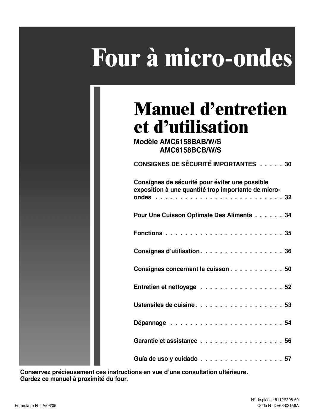 Amana AMC6158BCB, AMC6158BAB important safety instructions Four à micro-ondes 