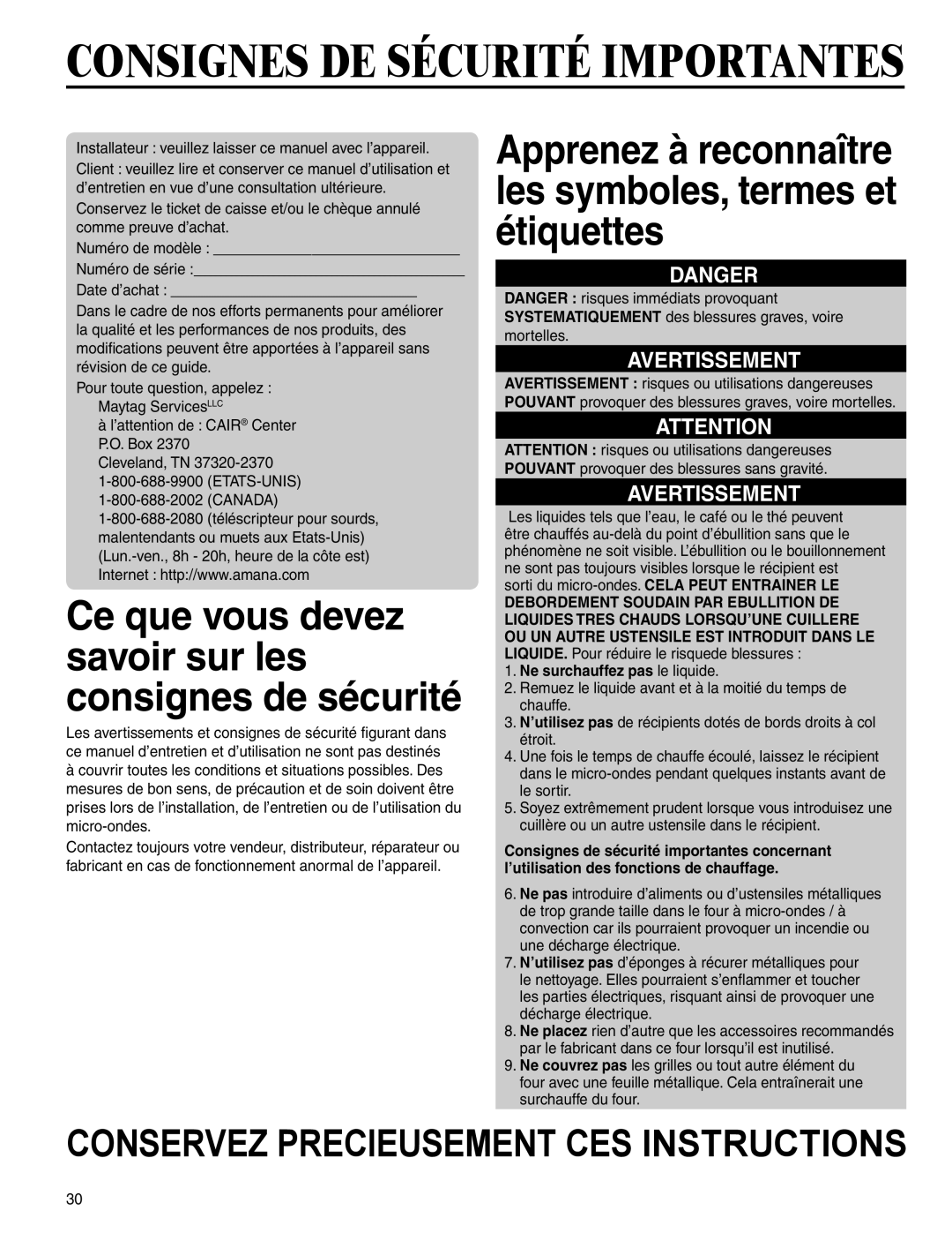 Amana AMC6158BAB, AMC6158BCB important safety instructions Consignes DE Sécurité Importantes 