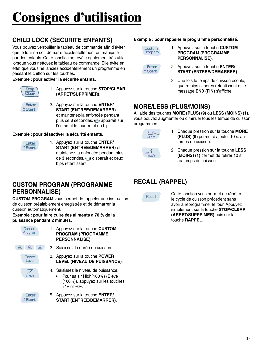 Amana AMC6158BCB Child Lock Securite Enfants, More/Less Plus/Moins, Custom Program Programme Personnalise, Recall Rappel 