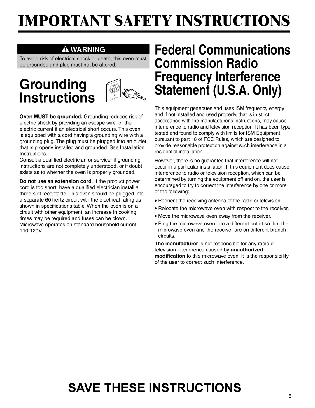 Amana AMC6158BCB, AMC6158BAB important safety instructions Grounding Instructions 