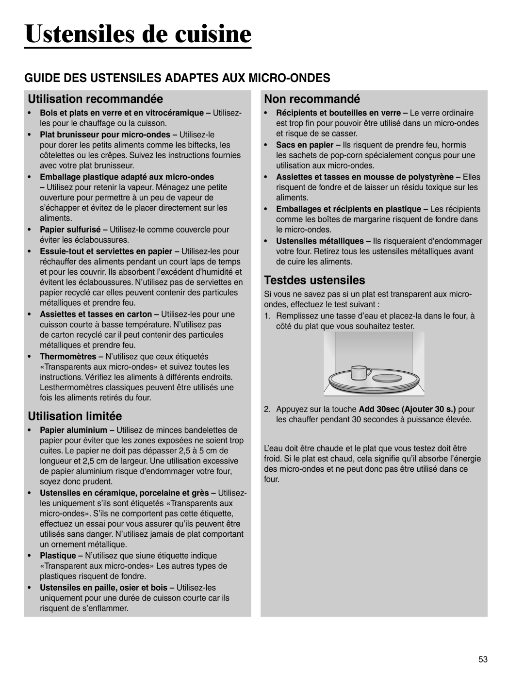 Amana AMC6158BCB, AMC6158BAB Ustensiles de cuisine, Guide DES Ustensiles Adaptes AUX MICRO-ONDES 