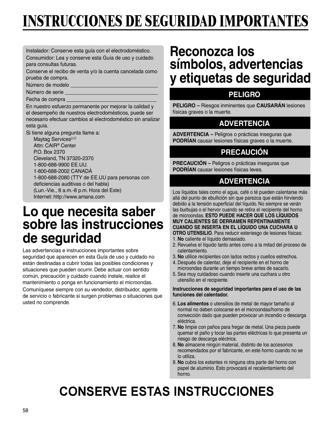 Amana AMC6158BAB, AMC6158BCB important safety instructions Conserve Estas Instrucciones 