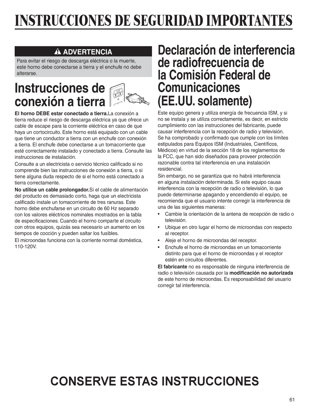 Amana AMC6158BCB, AMC6158BAB important safety instructions La Comisión Federal de Comunicaciones EE.UU. solamente 