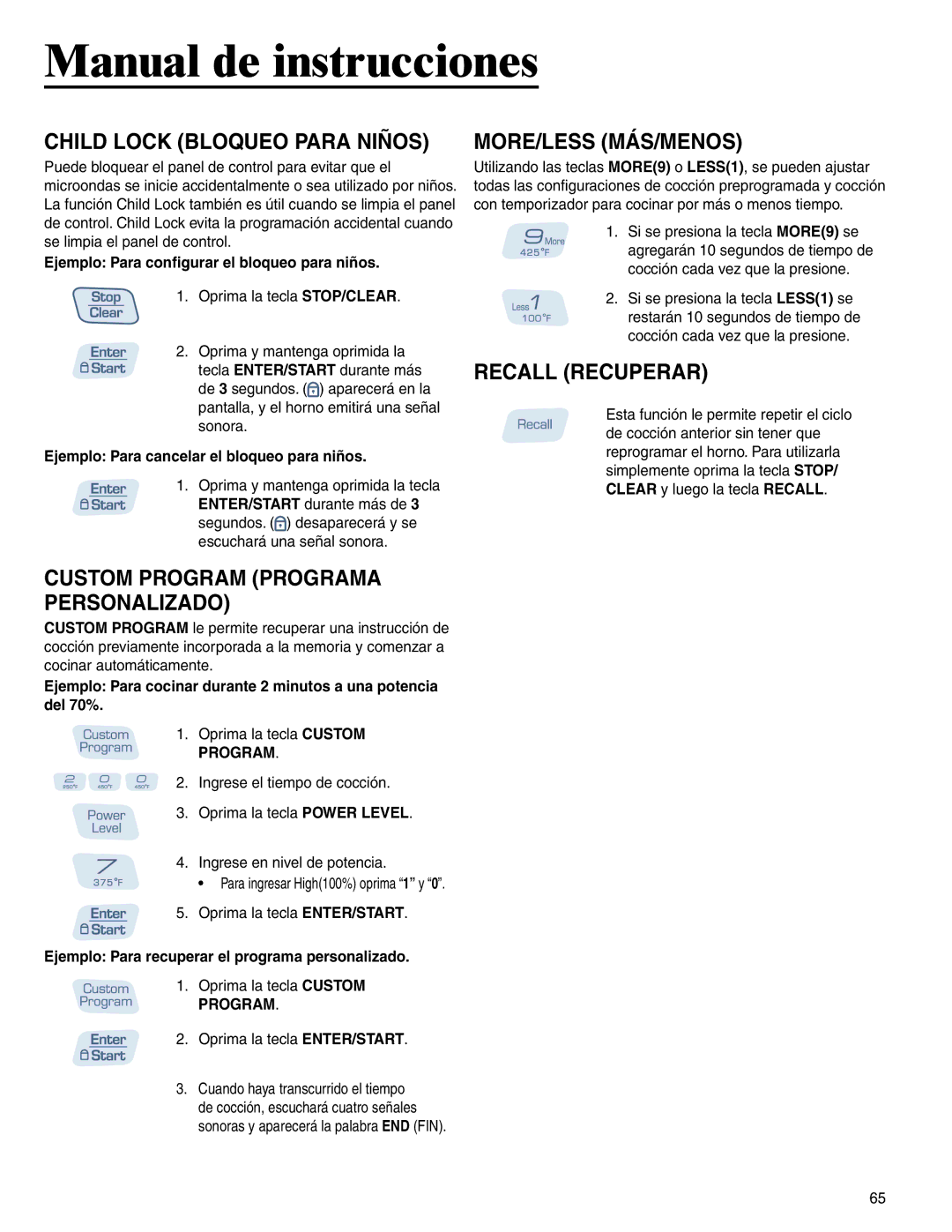 Amana AMC6158BCB, AMC6158BAB Child Lock Bloqueo Para Niños, More/Less Más/Menos, Recall Recuperar 