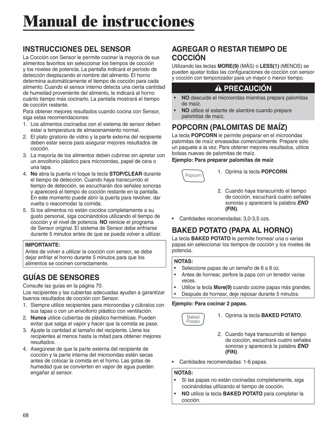 Amana AMC6158BAB, AMC6158BCB Instrucciones DEL Sensor, Guías DE Sensores, Agregar O Restar Tiempo DE Cocción 