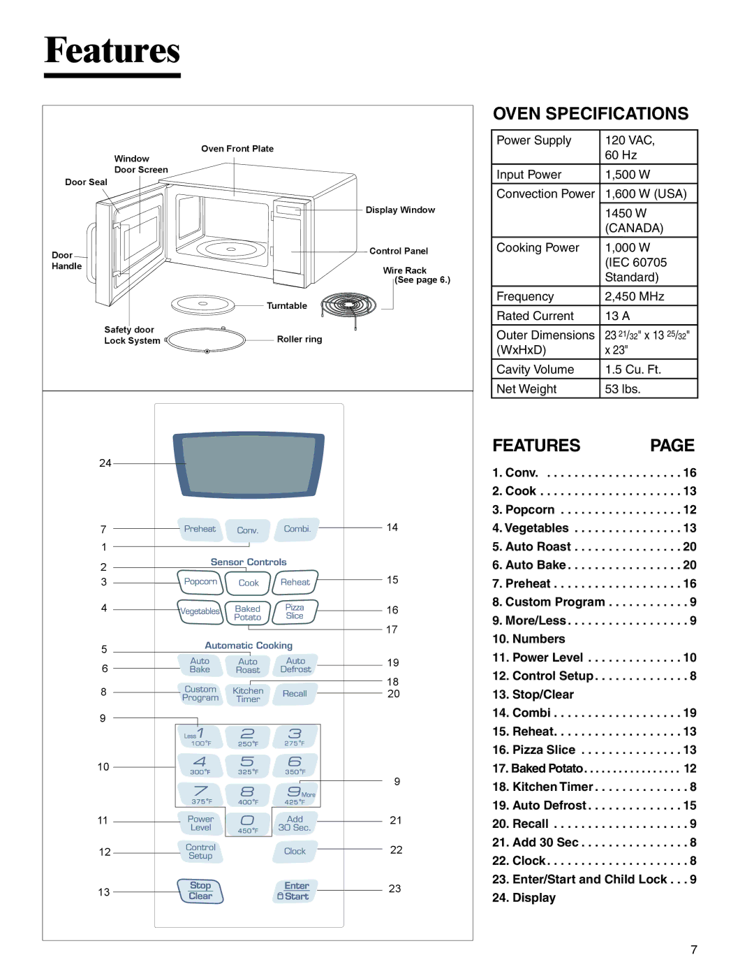 Amana AMC6158BCB, AMC6158BAB important safety instructions Features, Oven Specifications 