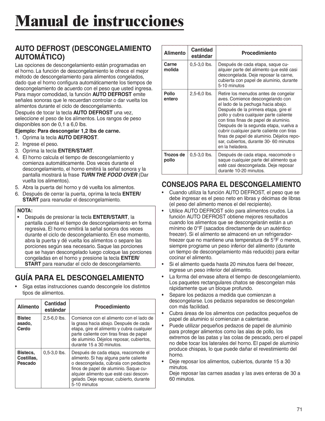 Amana AMC6158BCB, AMC6158BAB Guía Para EL Descongelamiento, Consejos Para EL Descongelamiento, Nota 