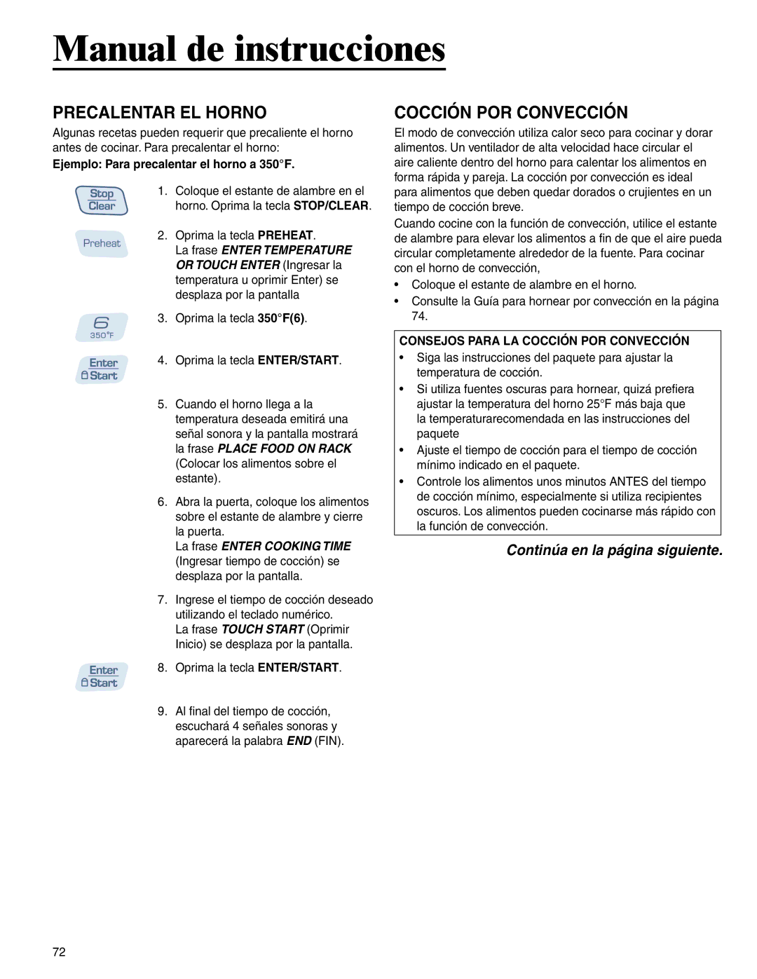 Amana AMC6158BAB, AMC6158BCB Precalentar EL Horno, Cocción POR Convección, Ejemplo Para precalentar el horno a 350F 