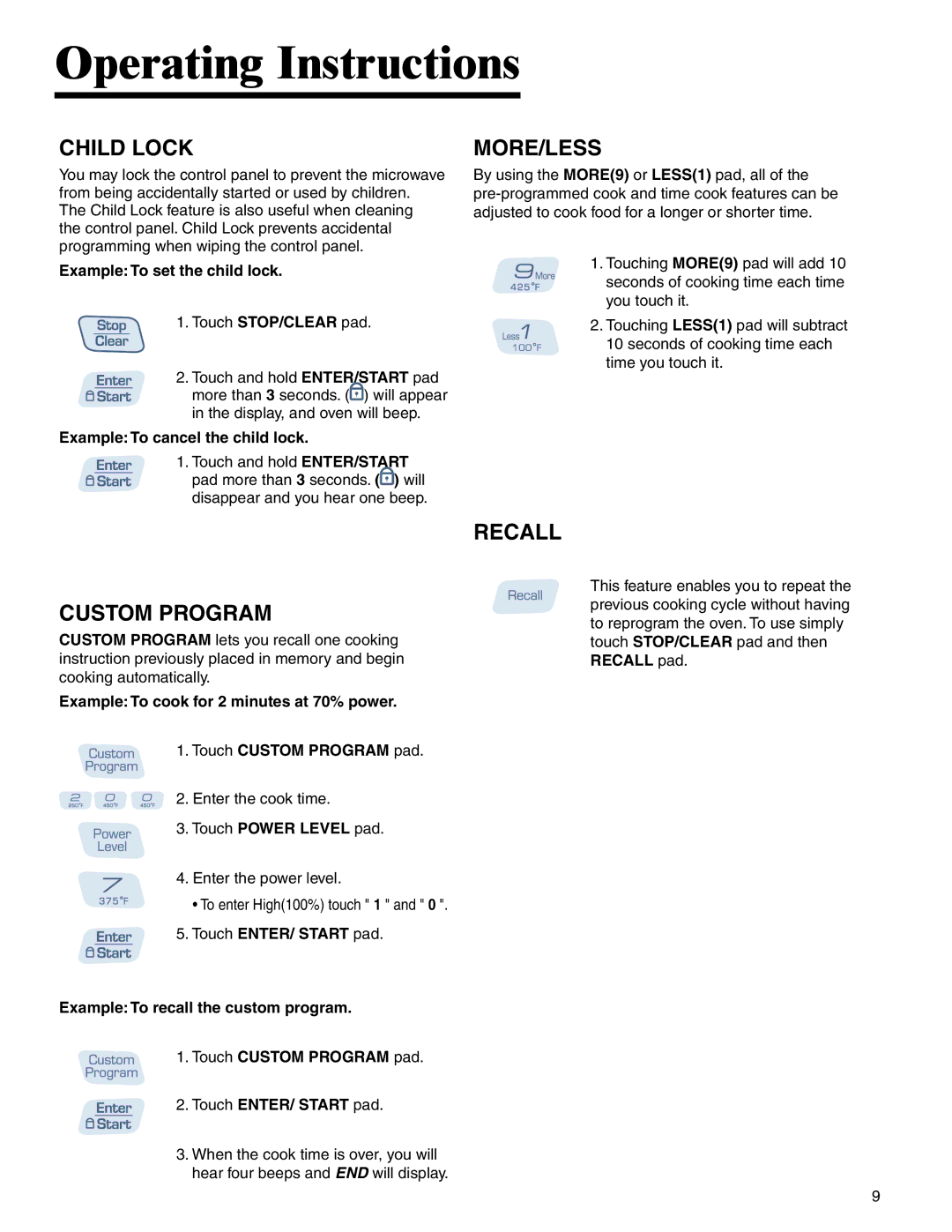 Amana AMC6158BCB, AMC6158BAB important safety instructions Child Lock, Custom Program, More/Less, Recall 