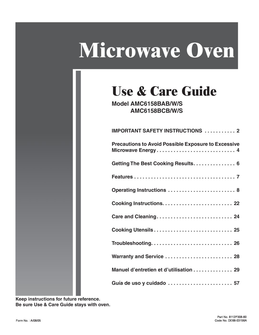 Amana important safety instructions Microwave Oven, Use & Care Guide, Model AMC6158BAB/W/S AMC6158BCB/W/S 