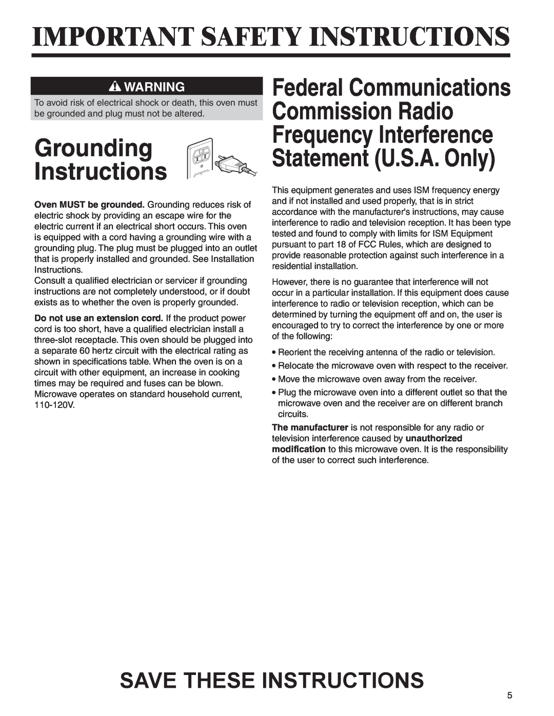 Amana AMC6158BCB Federal Communications, Important Safety Instructions, Grounding Instructions, Statement U.S.A. Only 