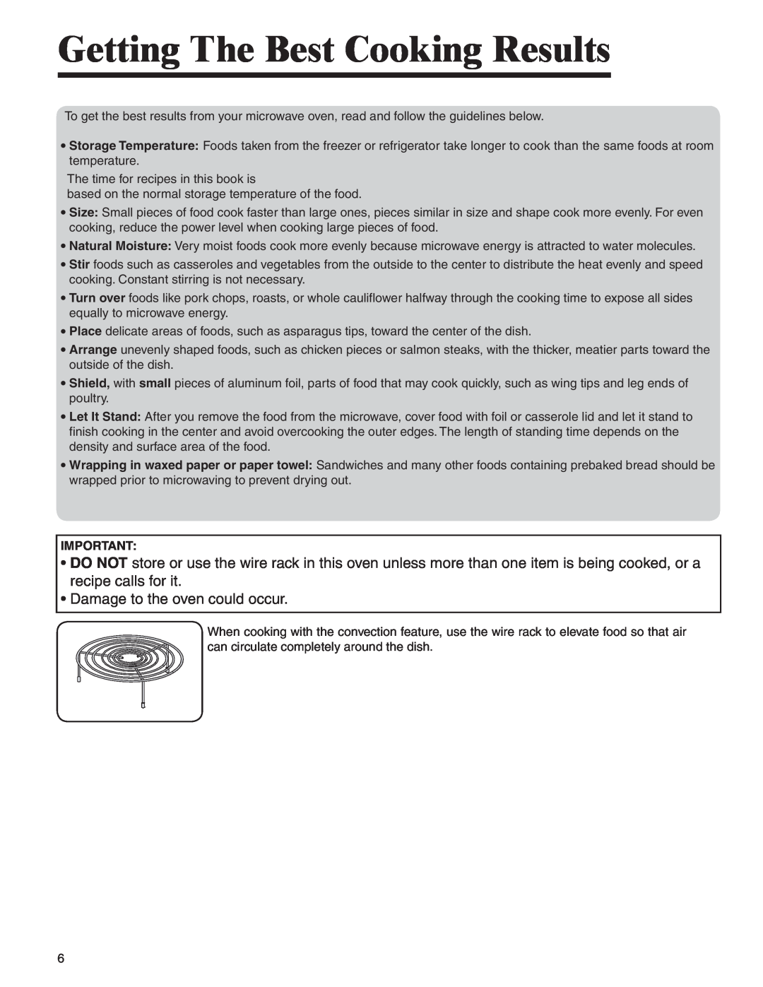 Amana AMC6158BAB, AMC6158BCB important safety instructions Getting The Best Cooking Results, •Damage to the oven could occur 