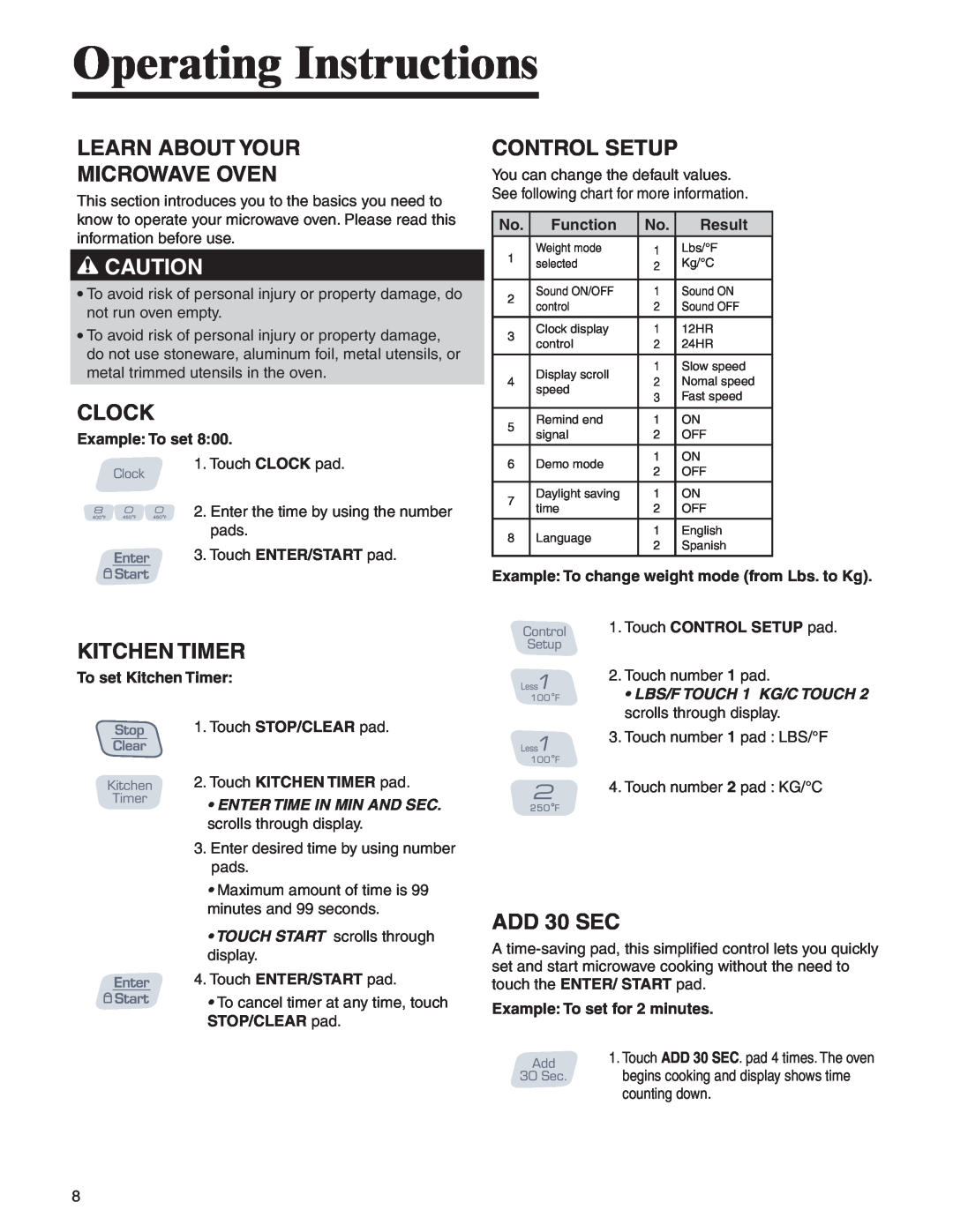 Amana AMC6158BAB Operating Instructions, Learn About Your Microwave Oven, Clock, Kitchen Timer, Control Setup, ADD 30 SEC 