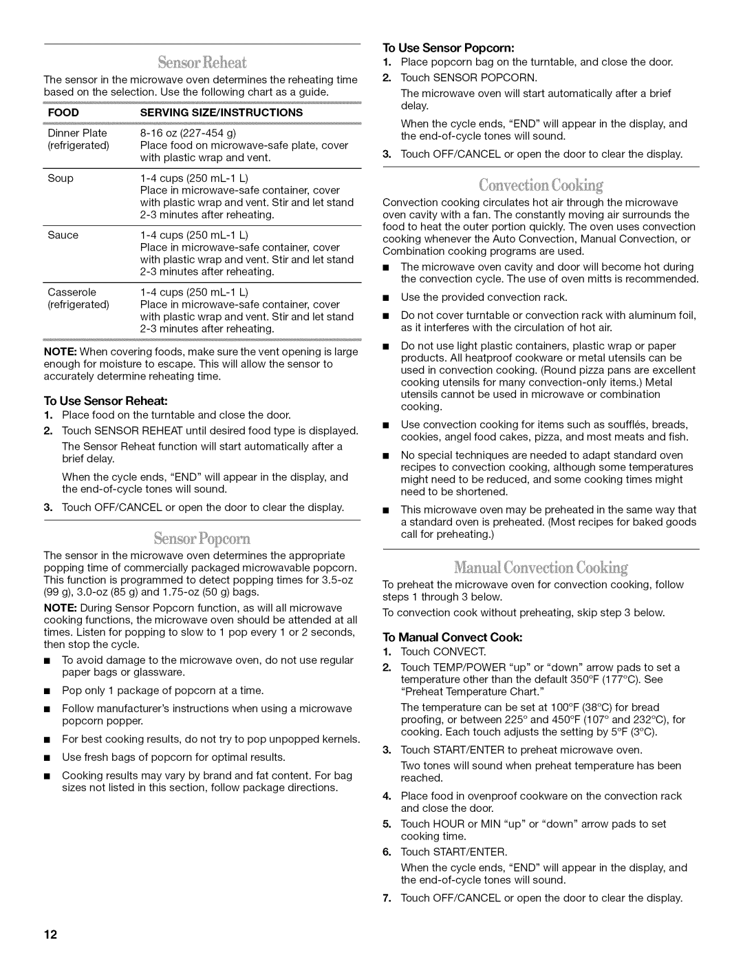 Amana AMC7159TA manual Food Serving SIZE/INSTRUCTIONS, To Use Sensor Popcorn, To Use Sensor Reheat, To Manual Convect Cook 