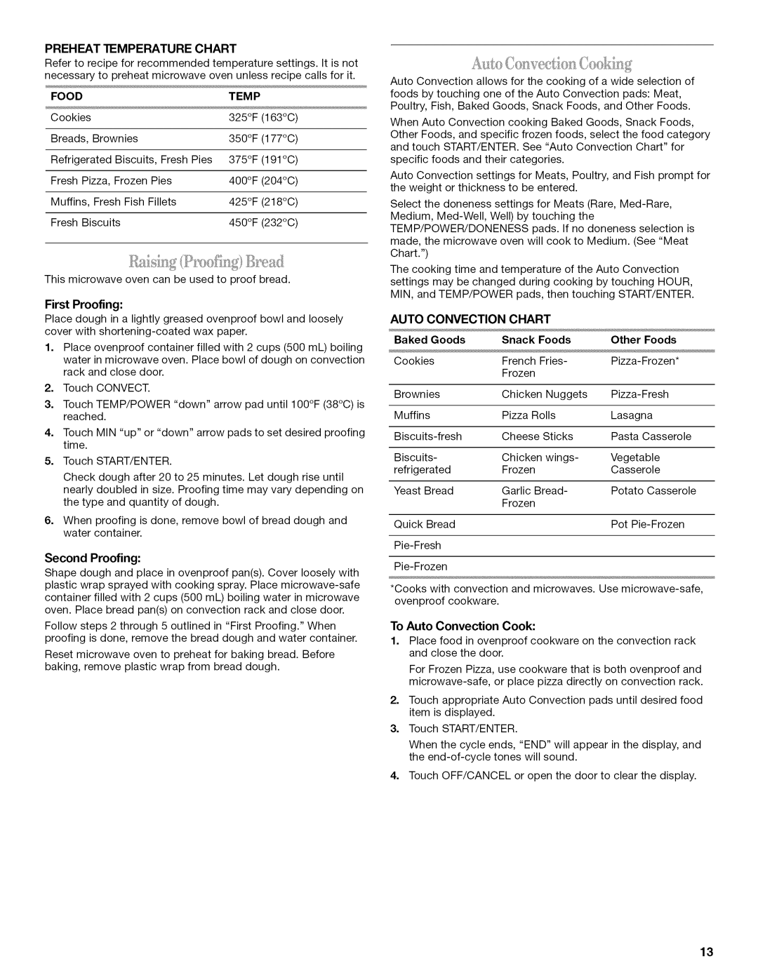 Amana AMC7159TA manual Preheat Temperature Chart, Food Temp, Auto Convection Chart 