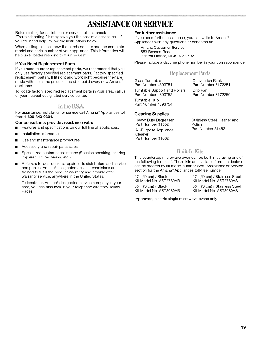 Amana AMC7159TA manual If You Need Replacement Parts, Our consultants provide assistance with, For further assistance 