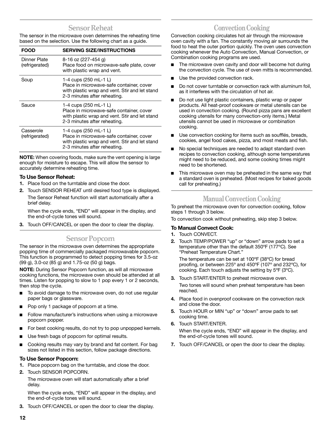 Amana AMC7159TA manual Sensor Reheat, Sensor Popcorn, ManualConvectionCooking 