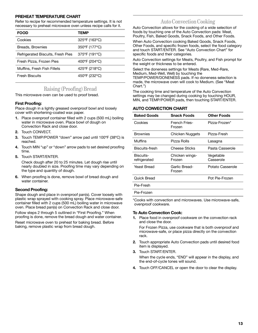 Amana AMC7159TA manual RaisingProofingBread, AutoConvectionCooking, Preheat Temperature Chart, Auto Convection Chart 