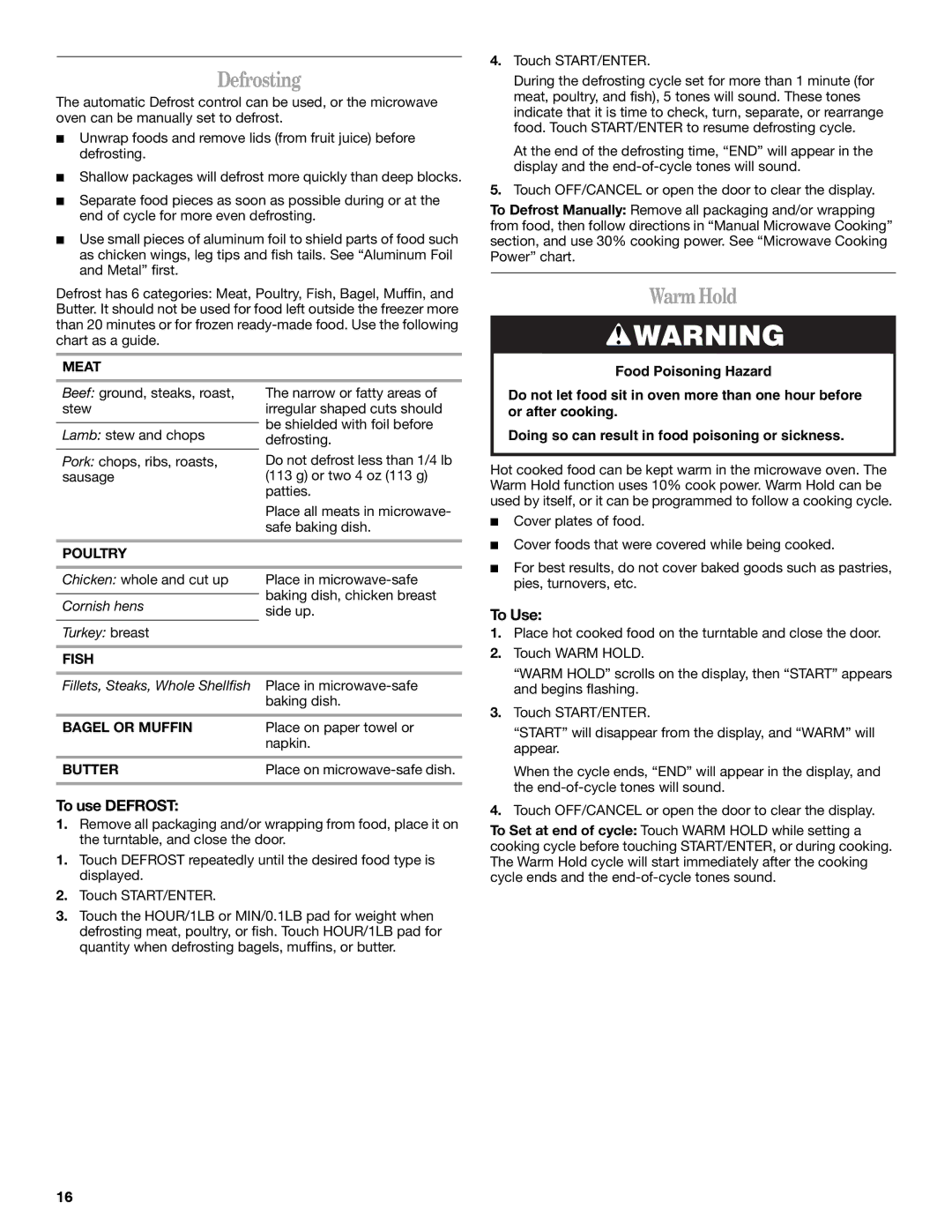 Amana AMC7159TA manual Defrosting, WarmHold, To use Defrost, Meat, Poultry 