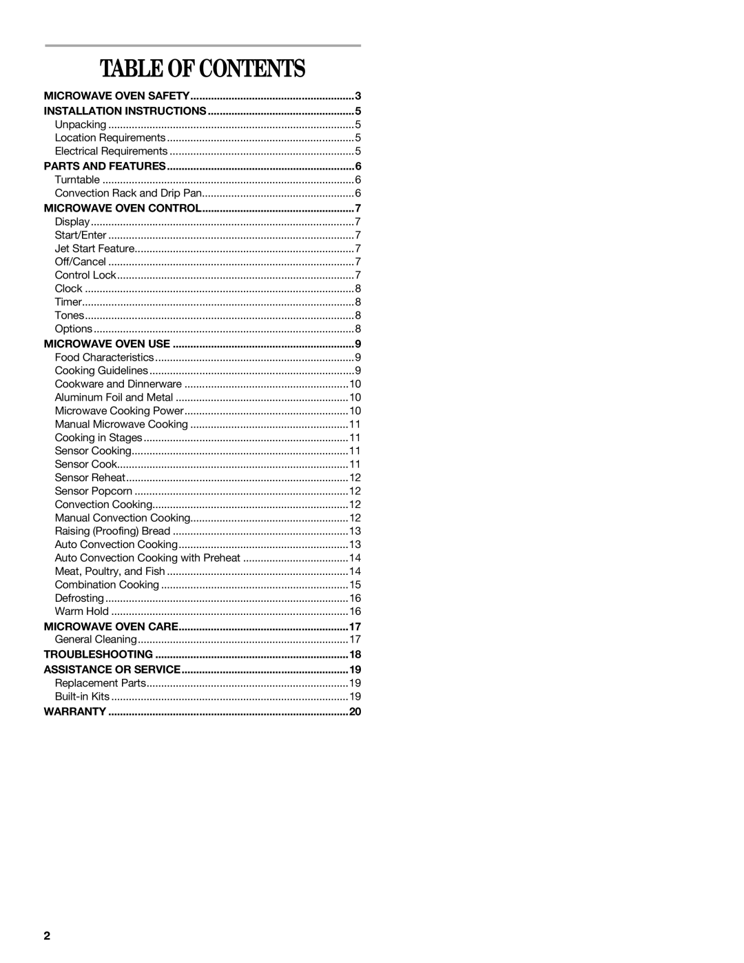 Amana AMC7159TA manual Table of Contents 