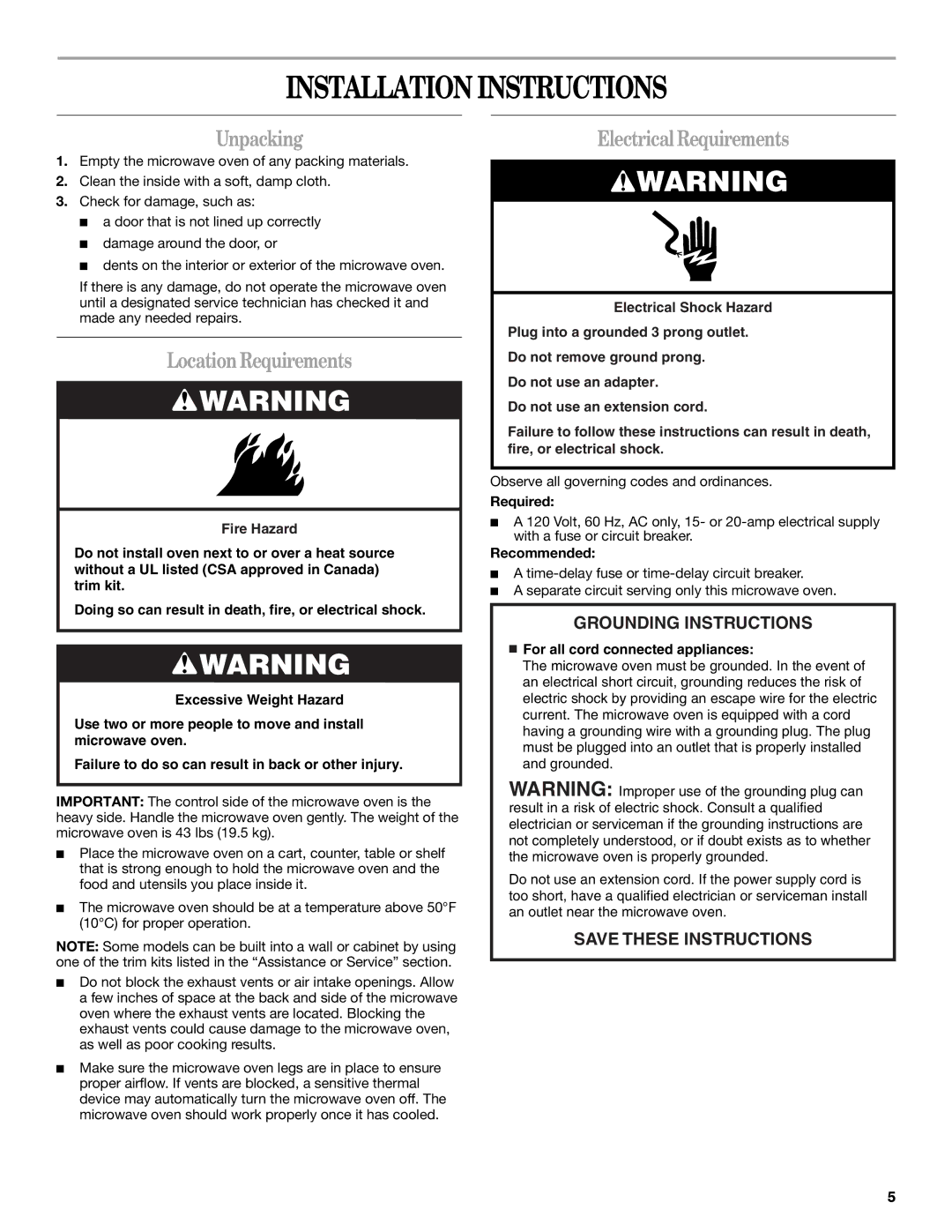 Amana AMC7159TA manual Installation Instructions, Unpacking, LocationRequirements, ElectricalRequirements 