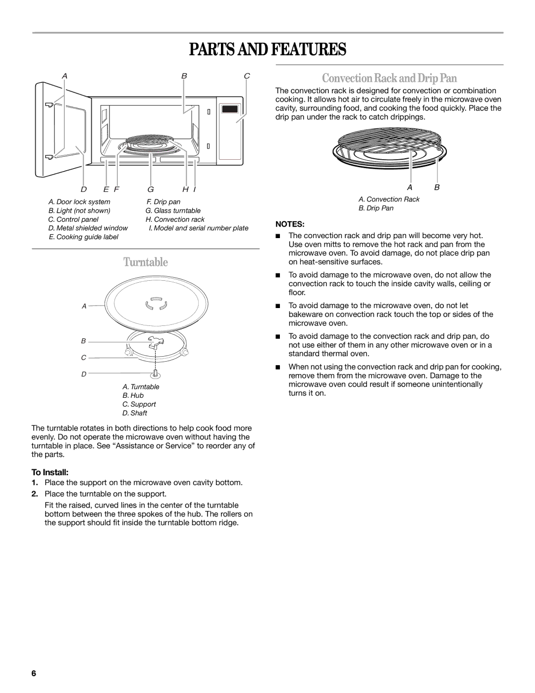 Amana AMC7159TA manual Parts and Features, Turntable, To Install 