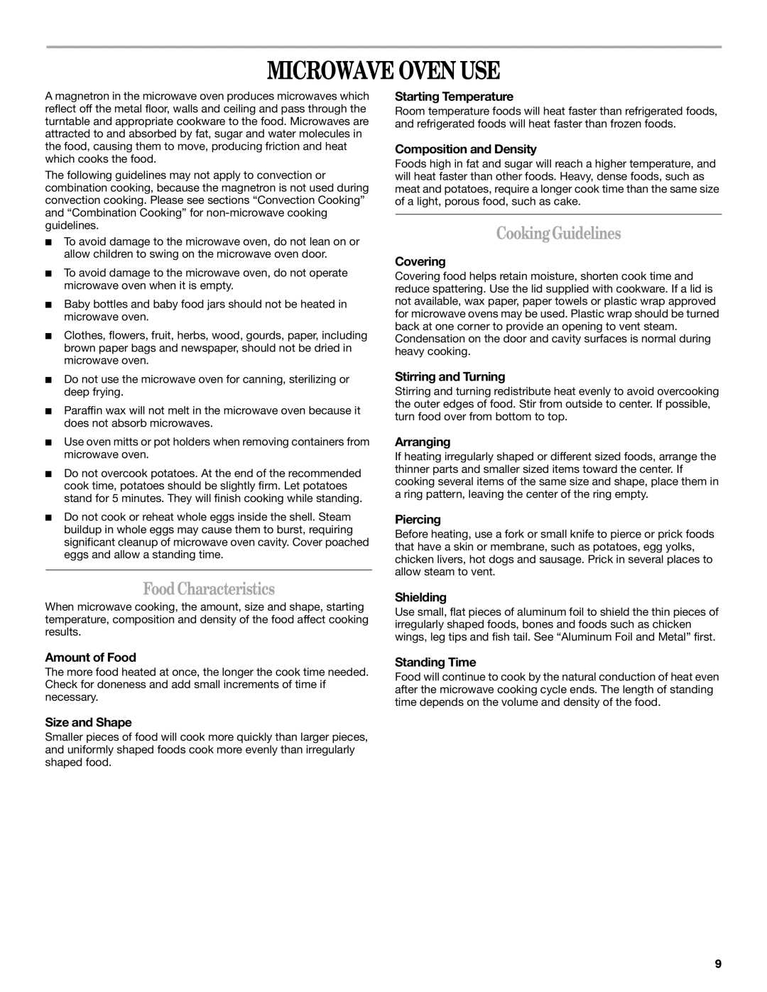 Amana AMC7159TA manual Microwave Oven USE, FoodCharacteristics, CookingGuidelines 