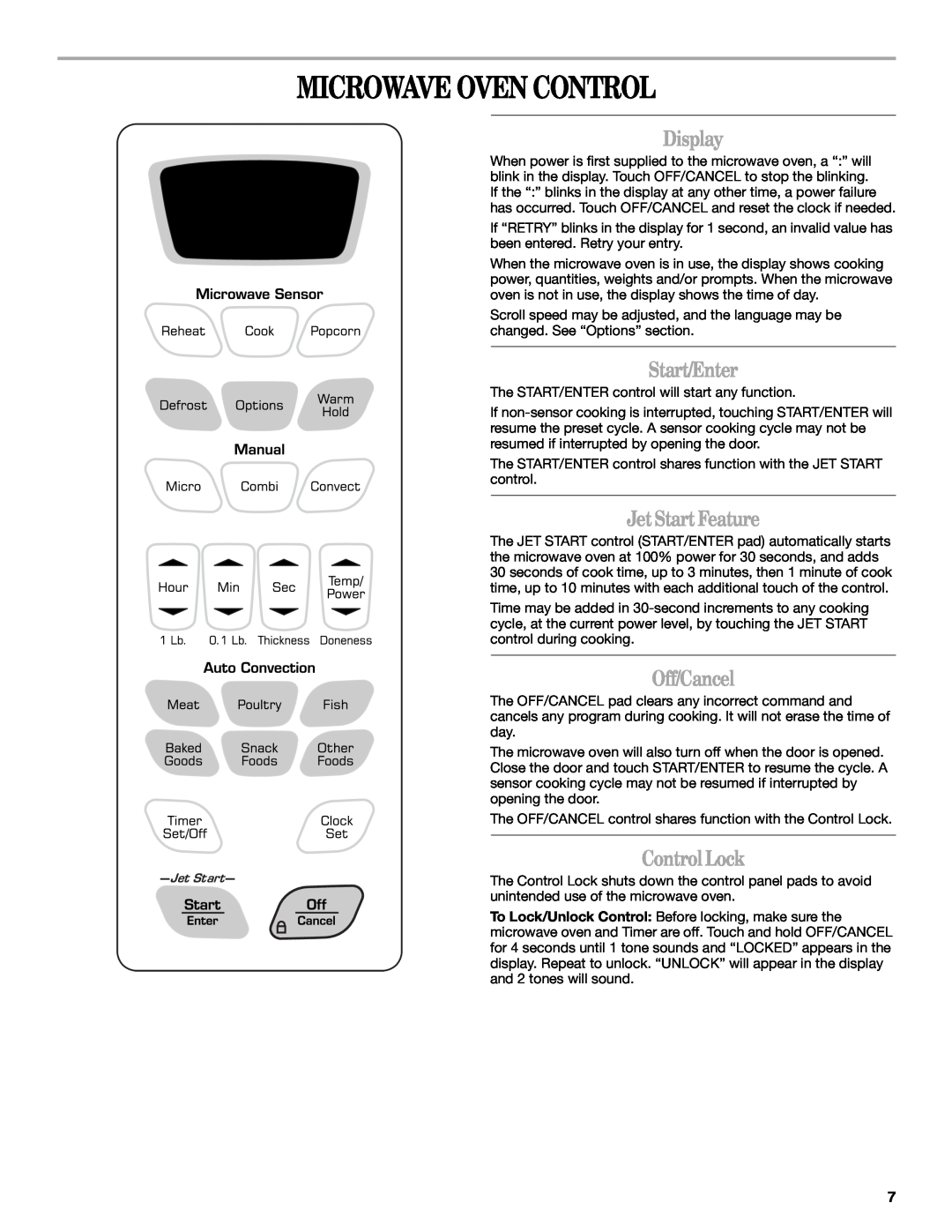Amana AMC7159TA manual Microwave Oven Control, Display, Start/Enter, JetStartFeature, Off/Cancel, ControlLock 