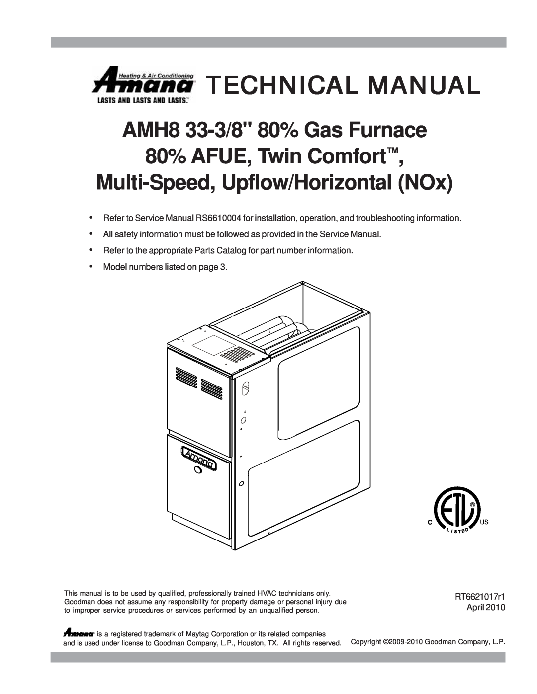 Amana AMH* service manual Technical Manual, AMH8 33-3/880% Gas Furnace 80% AFUE, Twin Comfort 