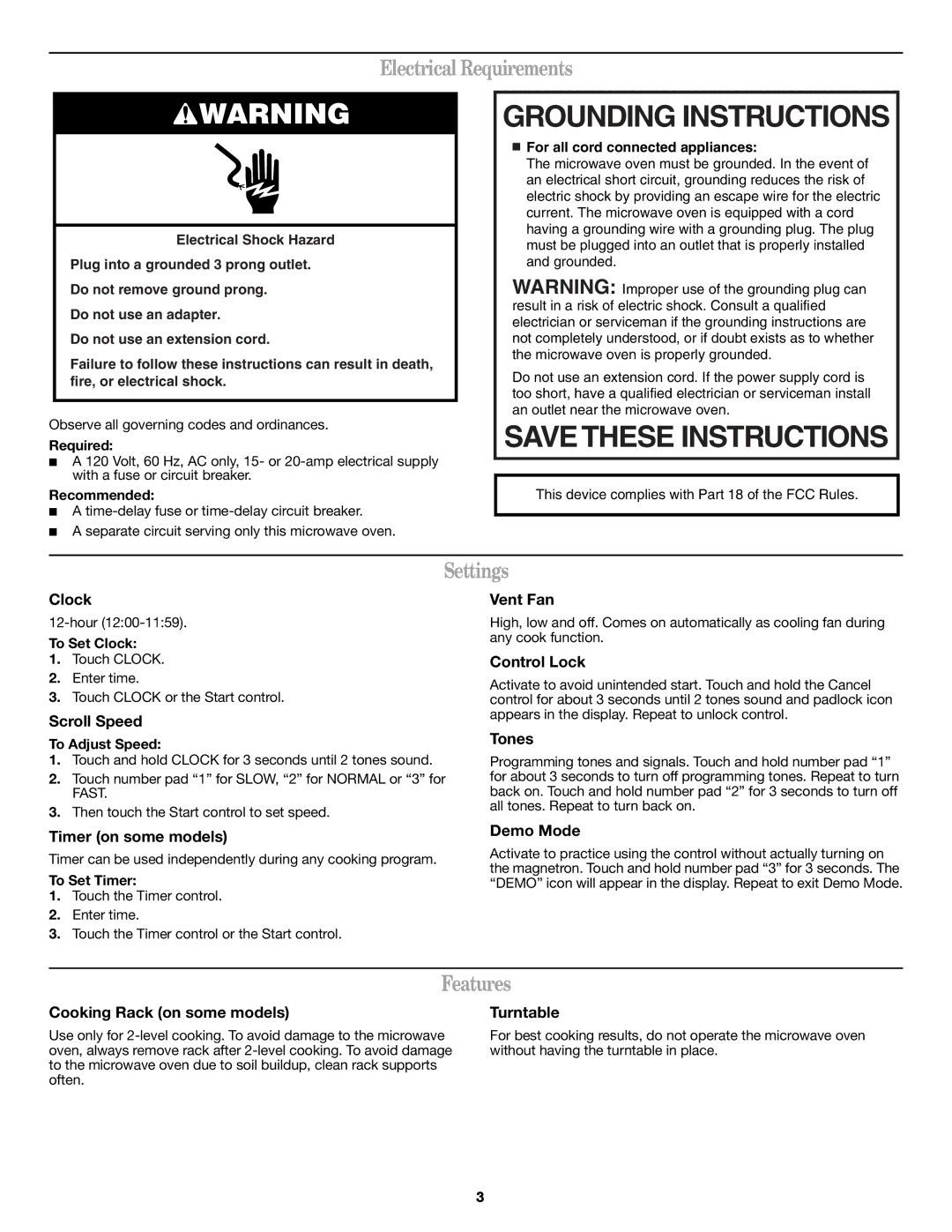 Amana W10327331A, AMV1150VAW, AMV1150VAS, AMV1150VAB Grounding Instructions, Electrical Requirements, Settings, Features 