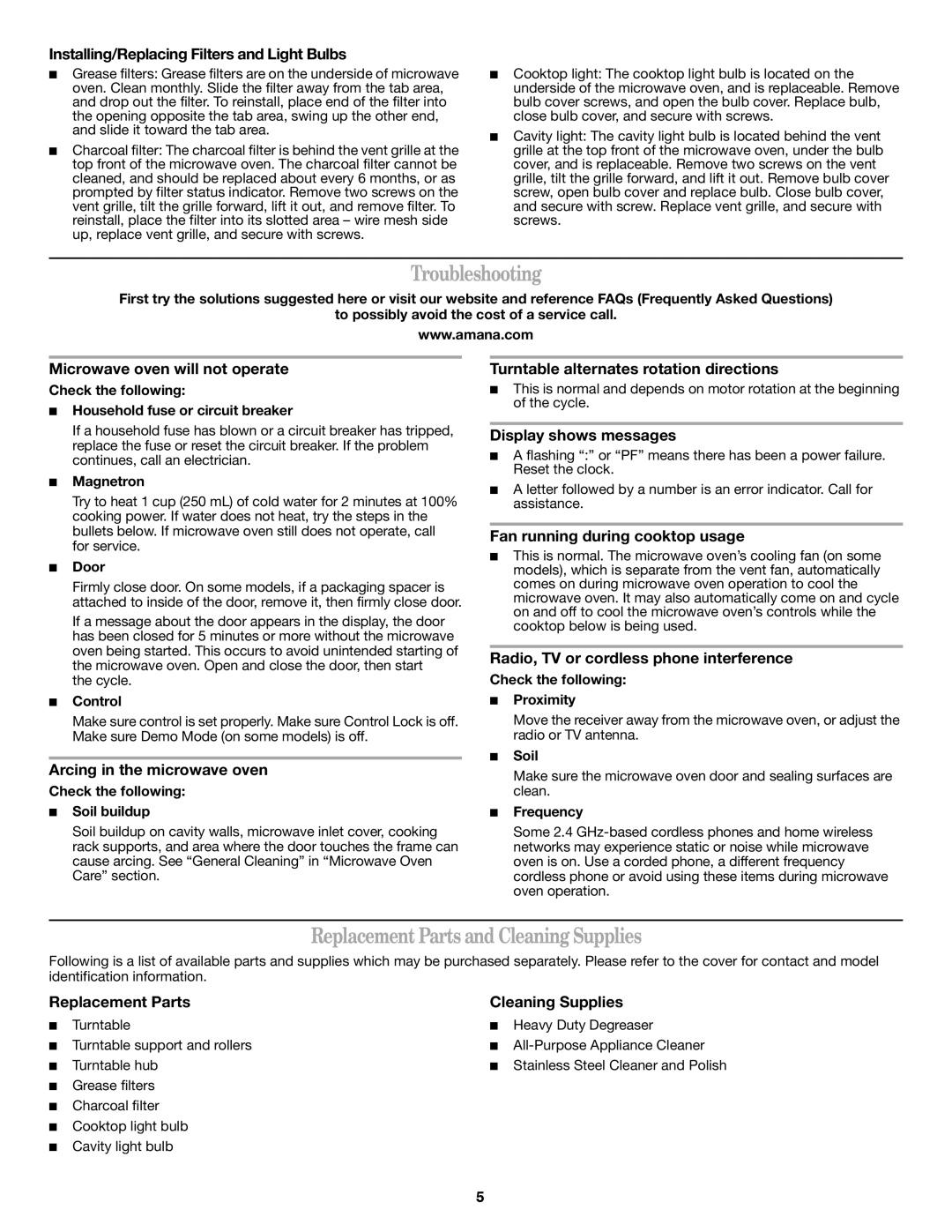 Amana AMV1150VAS, AMV1150VAW, AMV1150VAB, W10327331A manual Troubleshooting, Replacement Parts and Cleaning Supplies 