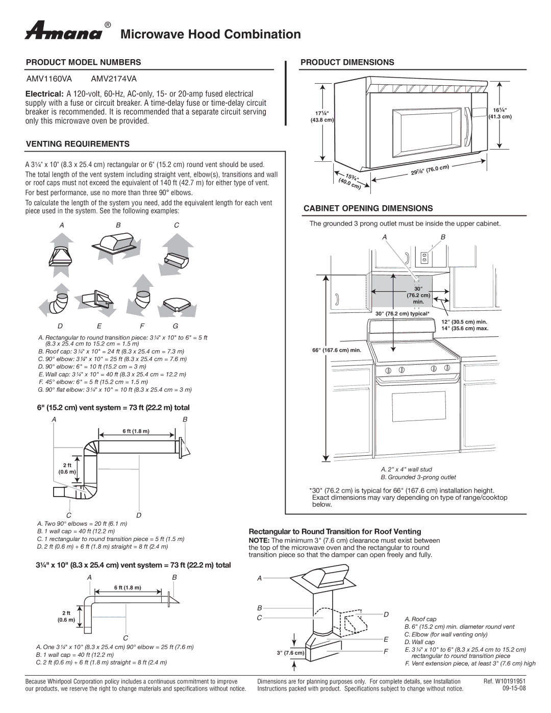 Amana AMV2174VA dimensions Microwave Hood Combination, Product Model Numbers, Product Dimensions, Venting Requirements 