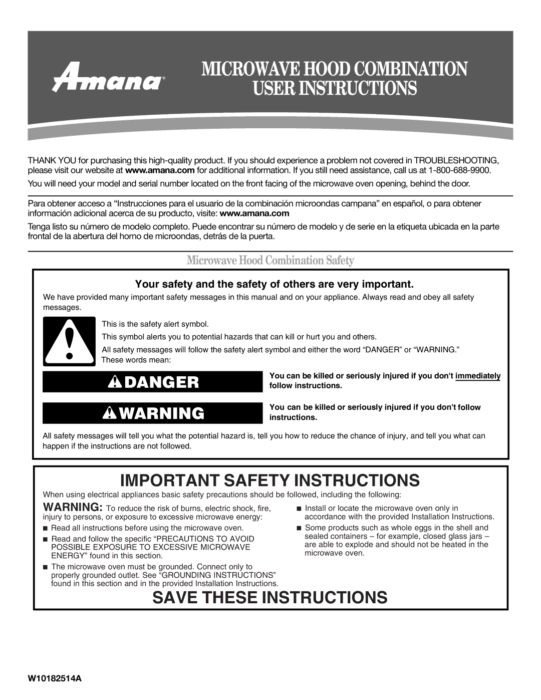 Amana AMV1160VAW important safety instructions Microwave Hood Combination Safety, W10182514A 