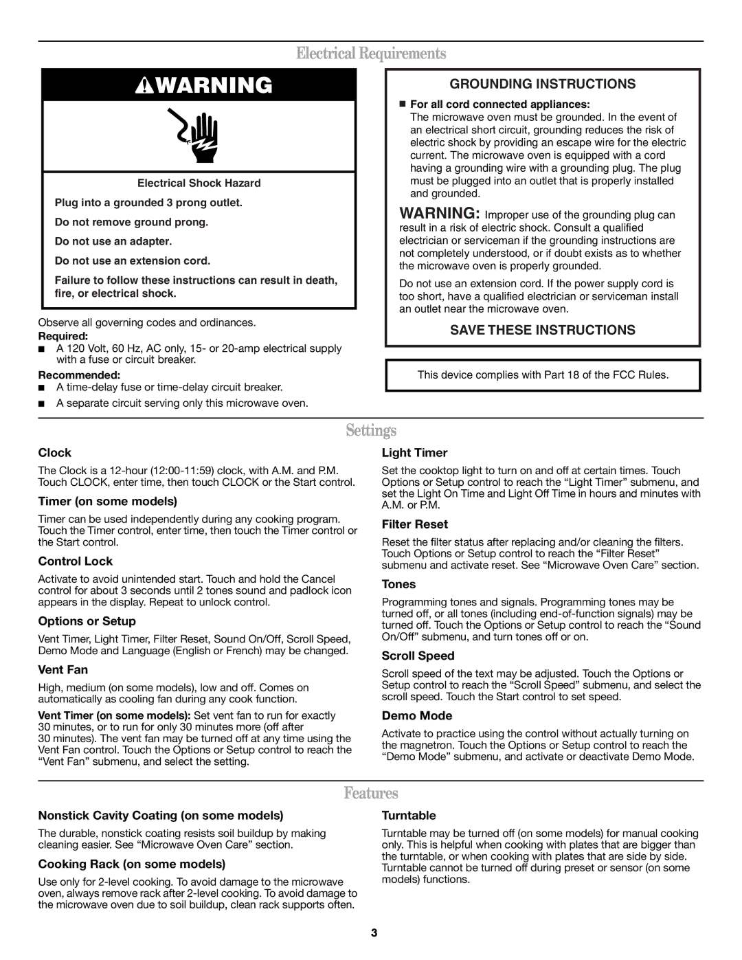 Amana AMV1160VAW important safety instructions Electrical Requirements, Settings, Features 