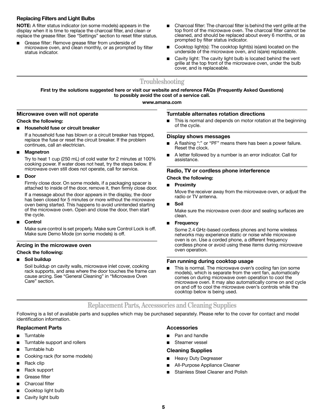 Amana AMV1160VAW important safety instructions Troubleshooting, Replacement Parts, Accesssories and Cleaning Supplies 