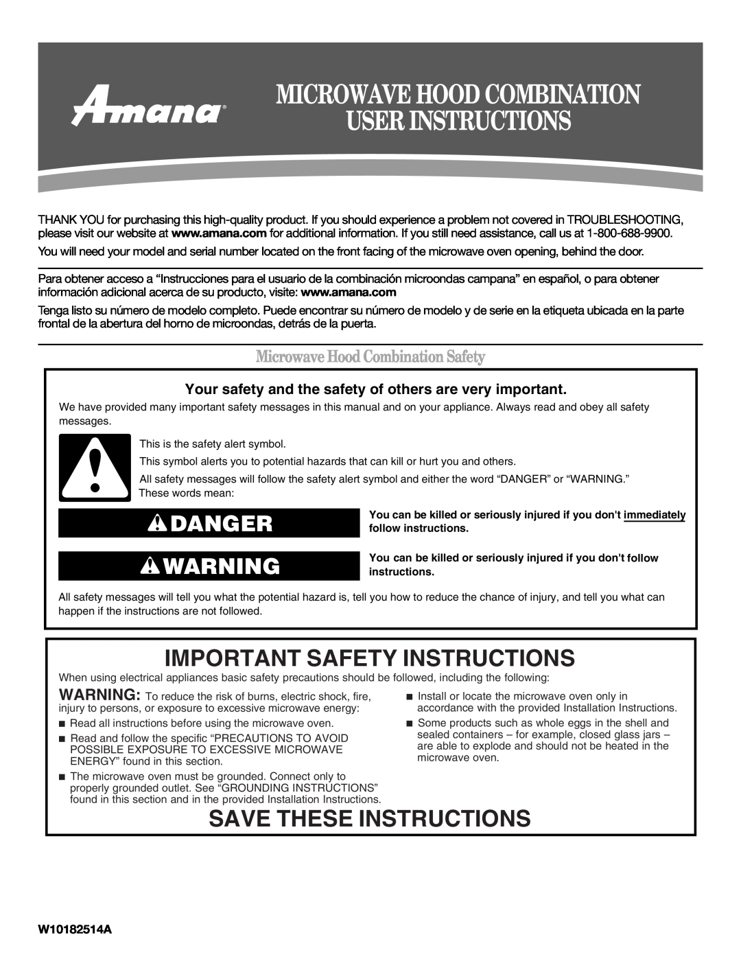 Amana AMV1160VAW important safety instructions Important Safety Instructions, Save These Instructions, Danger 