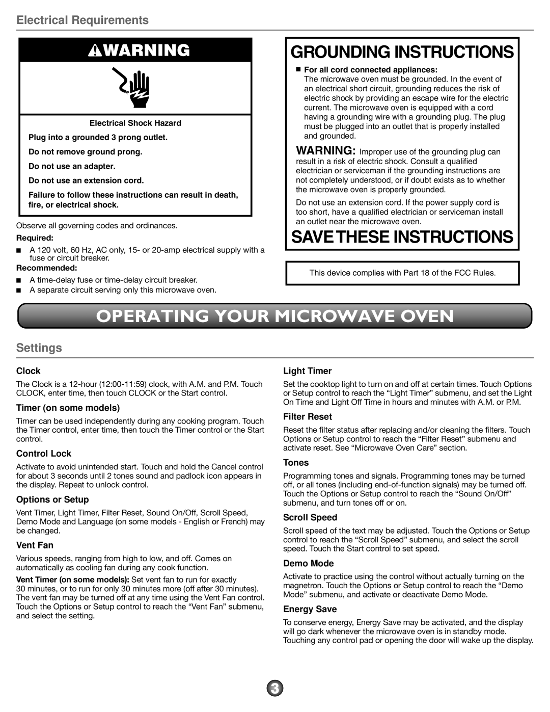 Amana AMV2175CW, AMV2175CS Operating Your Microwave Oven, Grounding Instructions, Electrical Requirements, Settings 